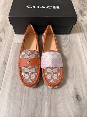 Coach Signature Jacquard Driver Loafers Cocoa Burnished Amber NWB Women’s 9.5